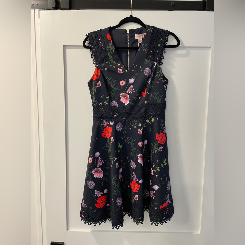Ted Baker navy floral fit and flare dress. Size 2.